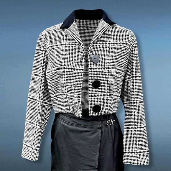 Vintage 60s Wool Houndstooth Cropped Blazer Black & White XS–S - Picture 15 of 16